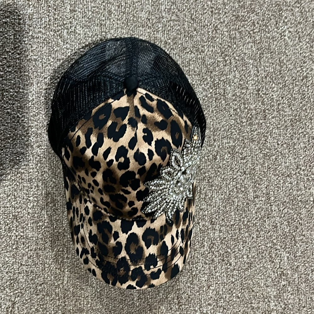 Leopard Cheetah print w/ bling trucker hat. Adjustable sizing. Ponytail opening. - Picture 7 of 7